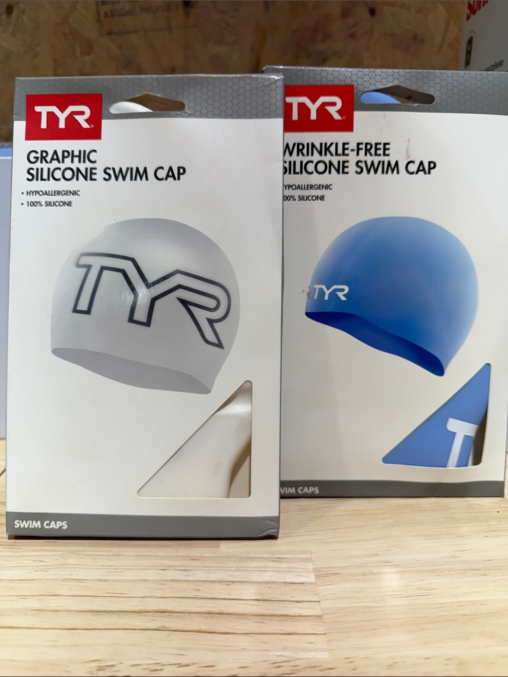 NWT TYR Silicone Swim Cap Set White Graphic Blue Wrinkle Free Adult
